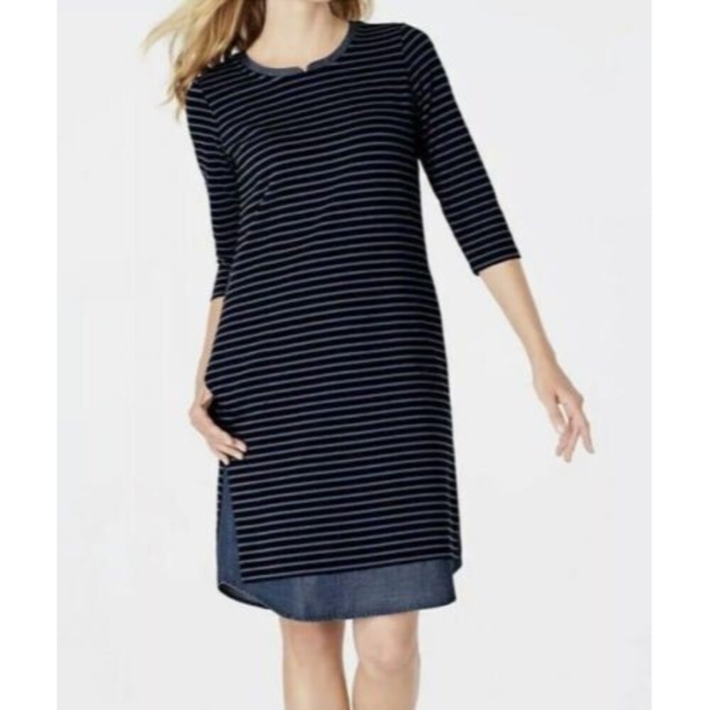 J Jill Women’s Size XS Dress Mixed Media Denim Shirttail Blue Striped W/Pockets